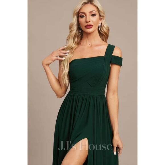 JJ's House NWT Dark Forest Green One Shoulder High Slit Floor Length Gown Sz 14 - Picture 3 of 12